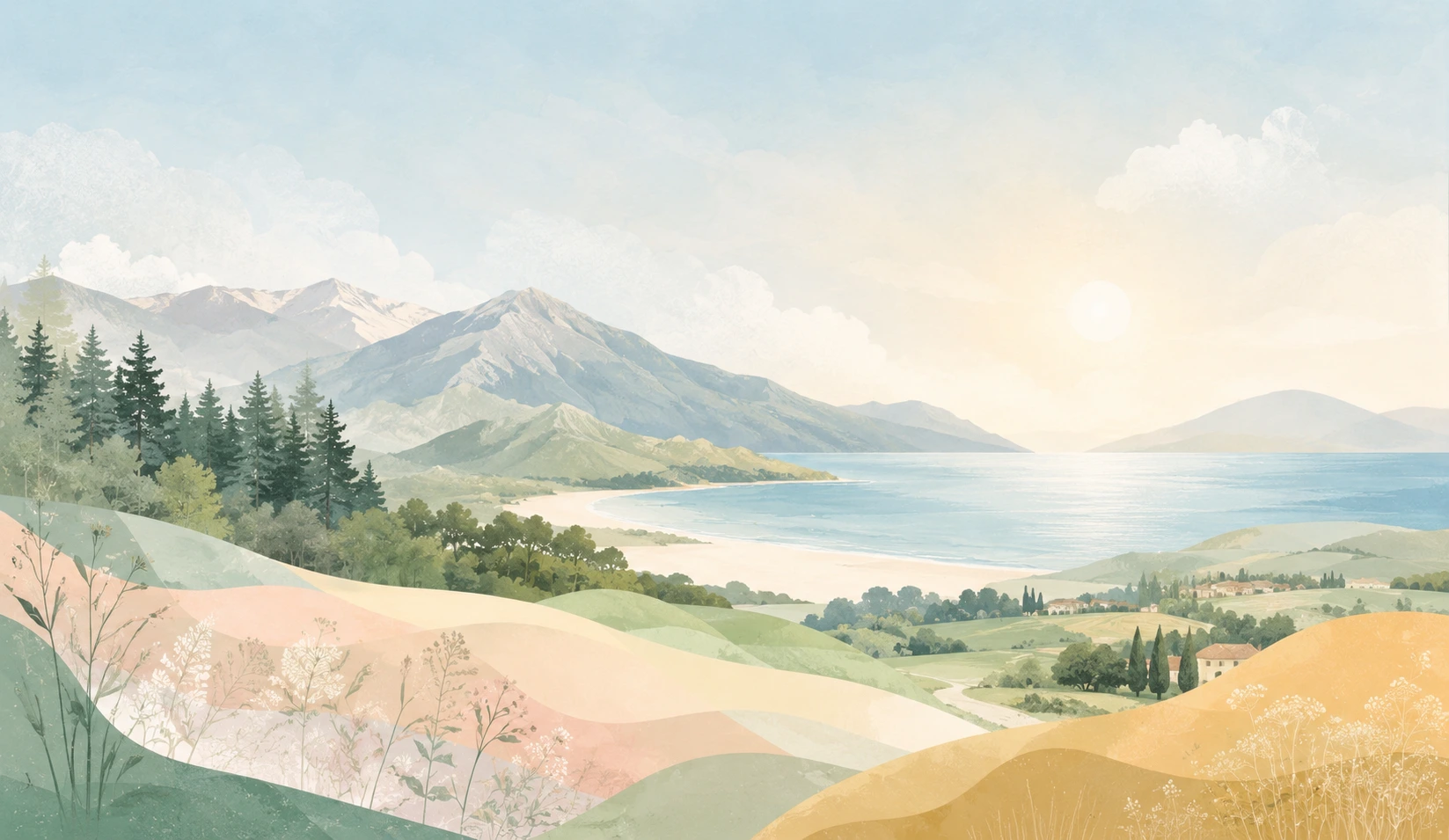 Paysage harmonieux mêlant mer, montagne, forêt et campagne au printemps, sous un ciel bleu doux